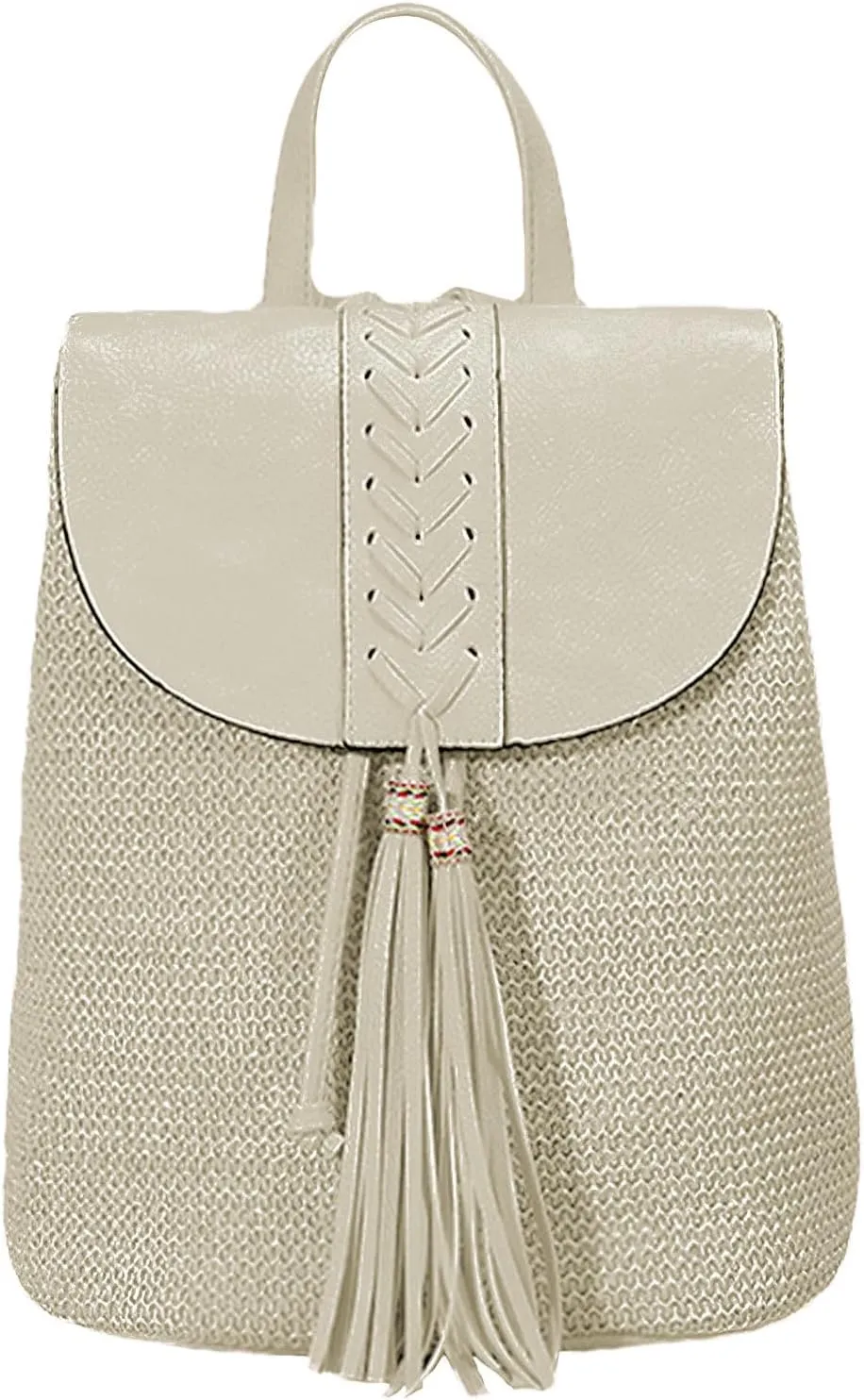 Women Beach Backpacks Purse Small Woven Straw Handmade Daypack Bohemian Style Shoulder Handbag for Casual Beach Holiday Tassel Beige