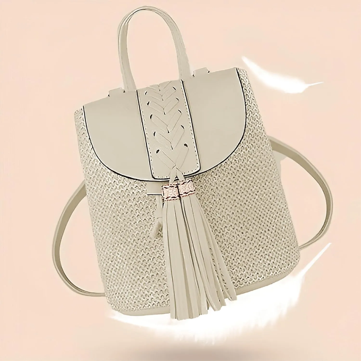 Women Beach Backpacks Purse Small Woven Straw Handmade Daypack Bohemian Style Shoulder Handbag for Casual Beach Holiday Tassel Beige