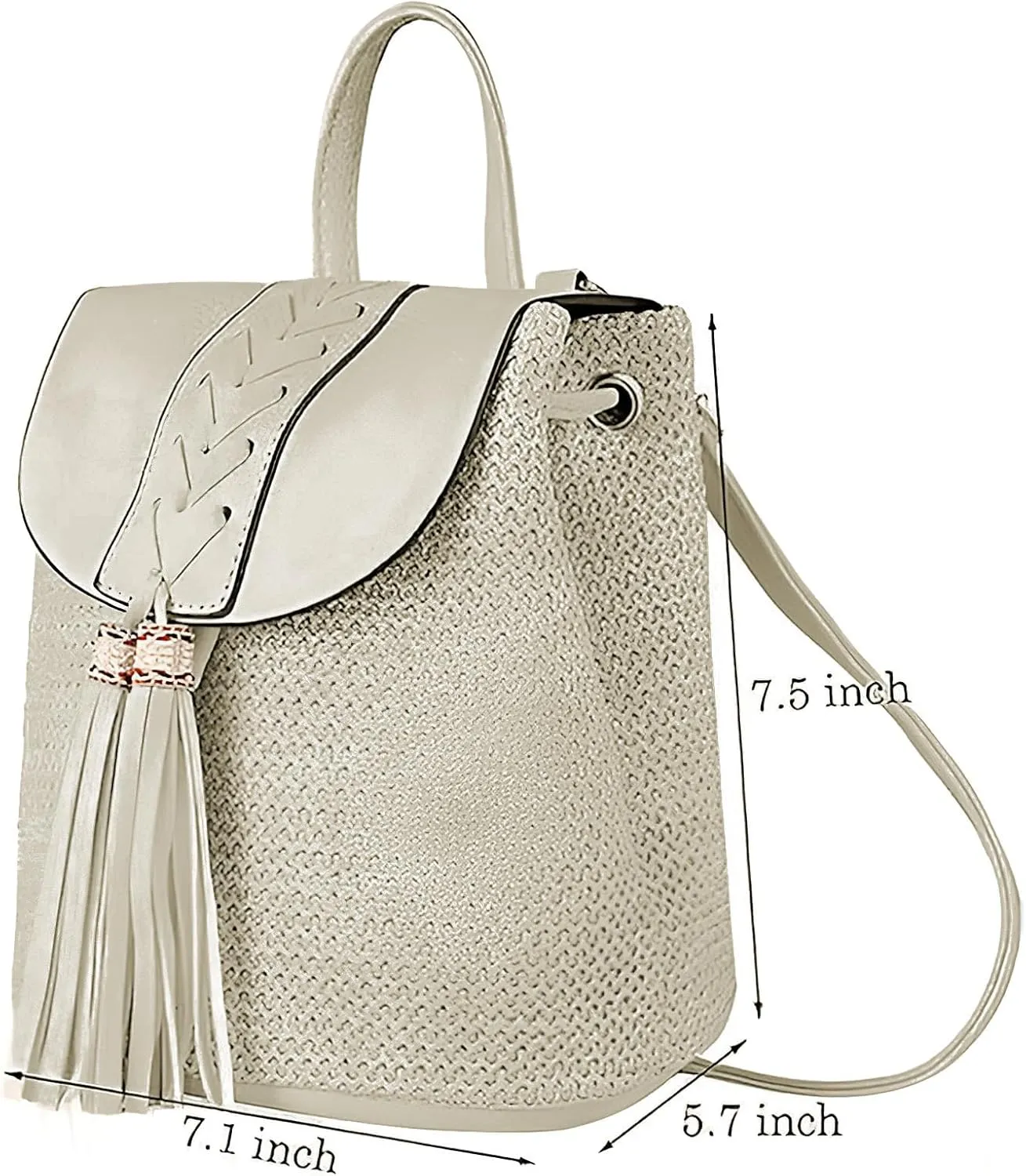 Women Beach Backpacks Purse Small Woven Straw Handmade Daypack Bohemian Style Shoulder Handbag for Casual Beach Holiday Tassel Beige