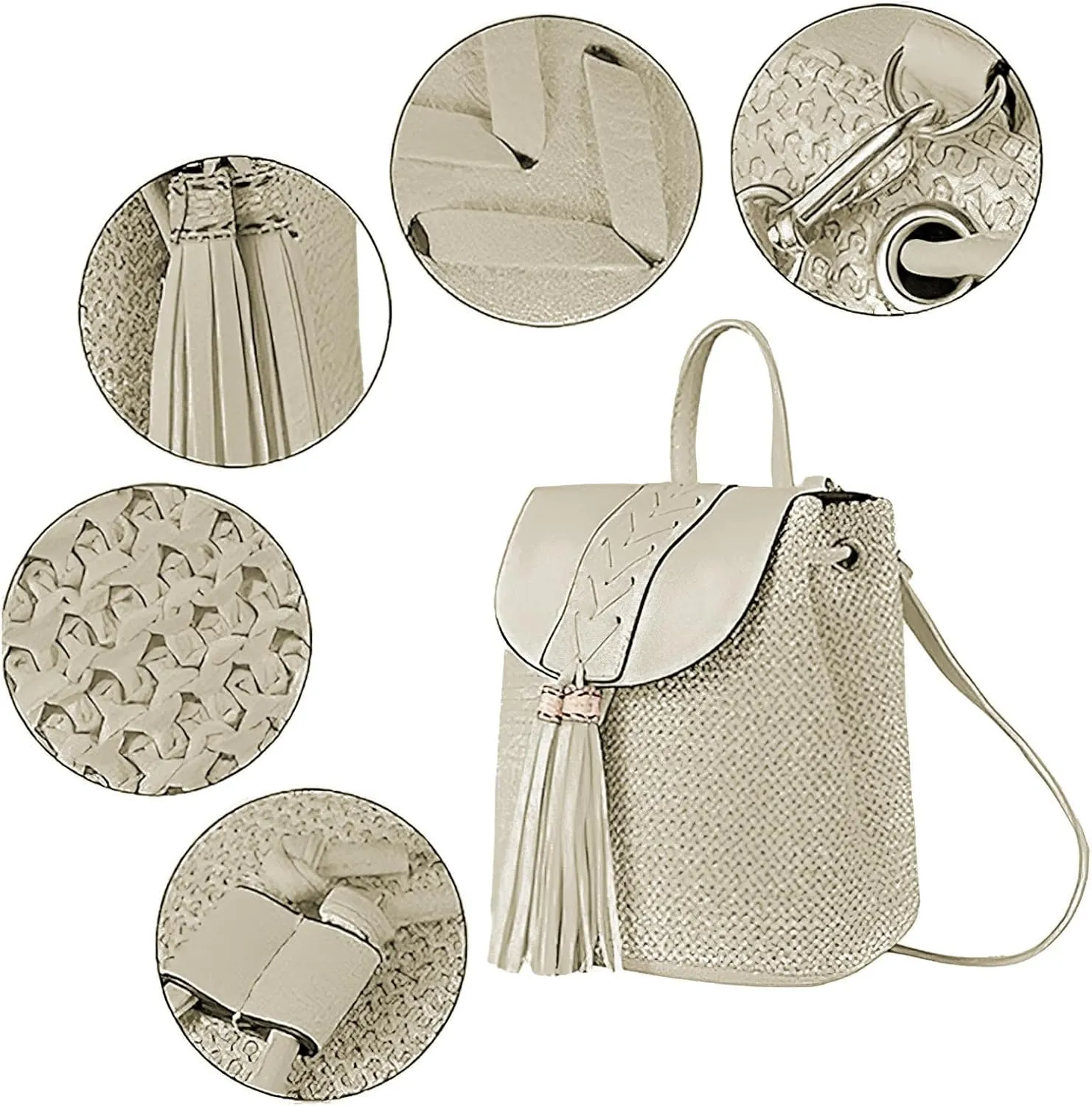 Women Beach Backpacks Purse Small Woven Straw Handmade Daypack Bohemian Style Shoulder Handbag for Casual Beach Holiday Tassel Beige