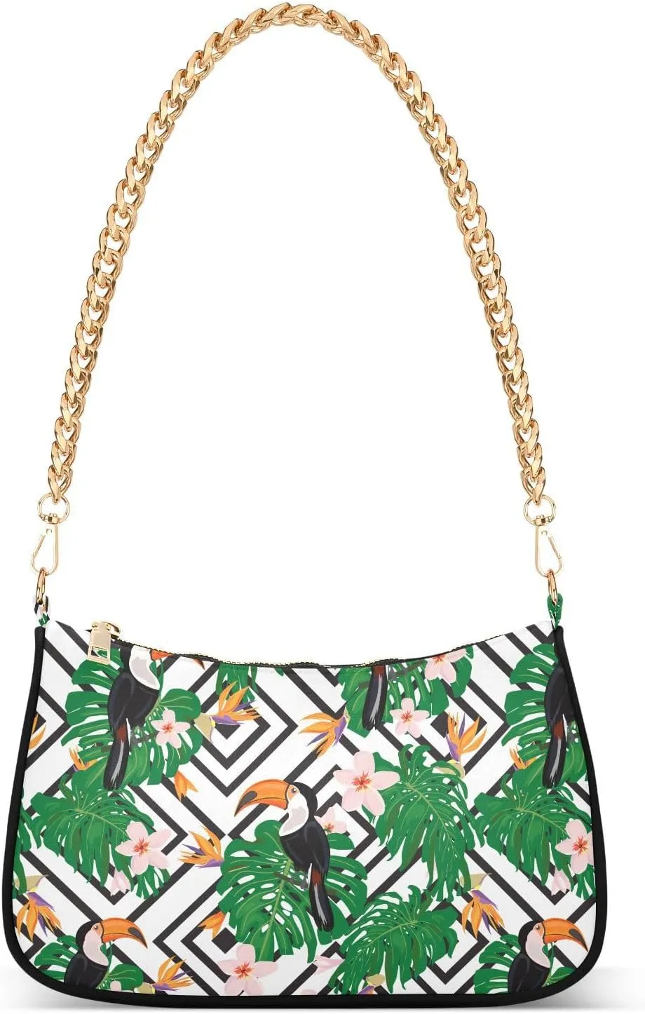 Women Chain Shoulder Purse Bag With Zipper Tropic Flowers Leaves Print, Exotic Toucan Birds Hobo Tote Clutch Handbags with Chain Strap