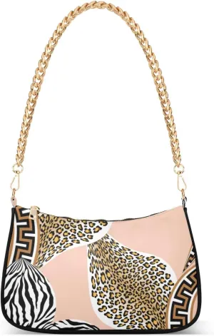 Women Chain Shoulder Purse Bag With Zipper Zebra Leopard Motifs Print, Exotic Flowers Hobo Tote Clutch Handbags with Chain Strap