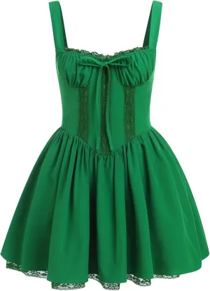 Women Corset Dress Floral Mini Dress Sexy Spaghetti Straps Low Cut Lace Short Dress Ruffle Summer Bustier Sundress
