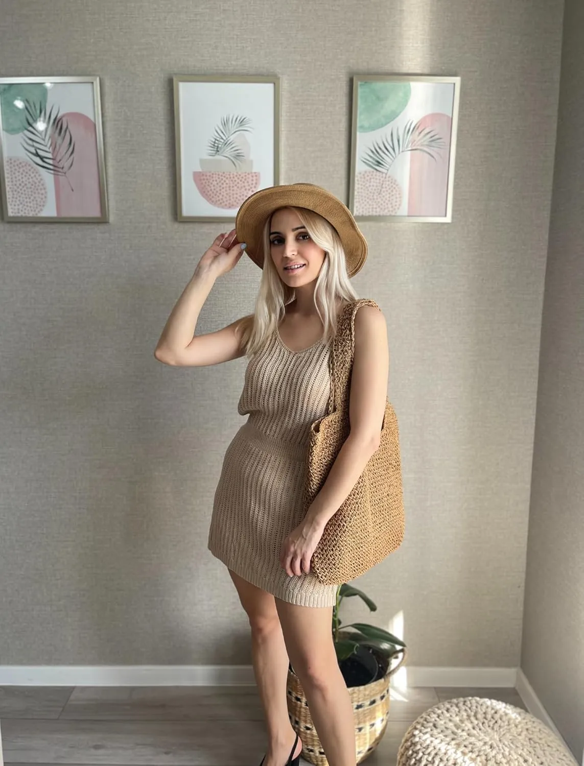 Women Crochet Swimsuit Cover Up Mini Dress Summer Sleeveless Cover-Up V Neck Beachwear