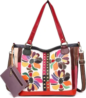 Women Flower Multicolor Tote Leather Handbag Random Splicing Shoulder Satchels
