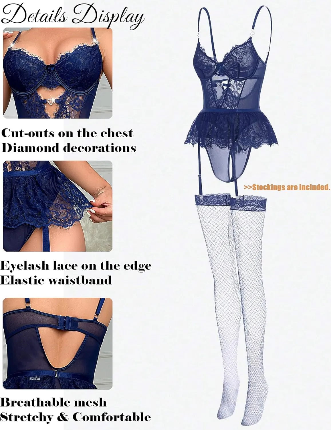 Women Lingerie Set Naughty Lace Bodysuit High Waisted Underwire Lingerie Babydoll With Garter Belt and Stockings
