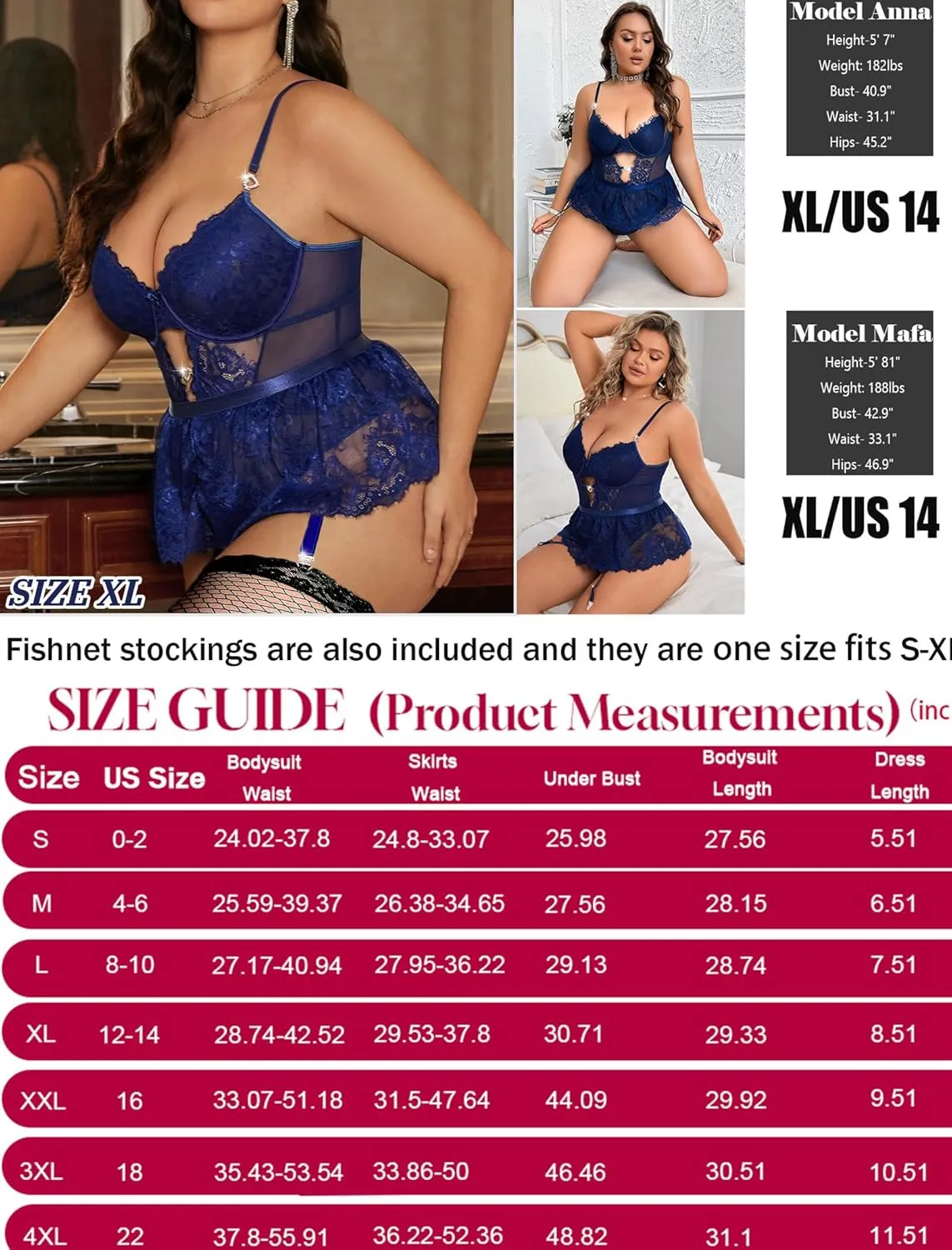 Women Lingerie Set Naughty Lace Bodysuit High Waisted Underwire Lingerie Babydoll With Garter Belt and Stockings