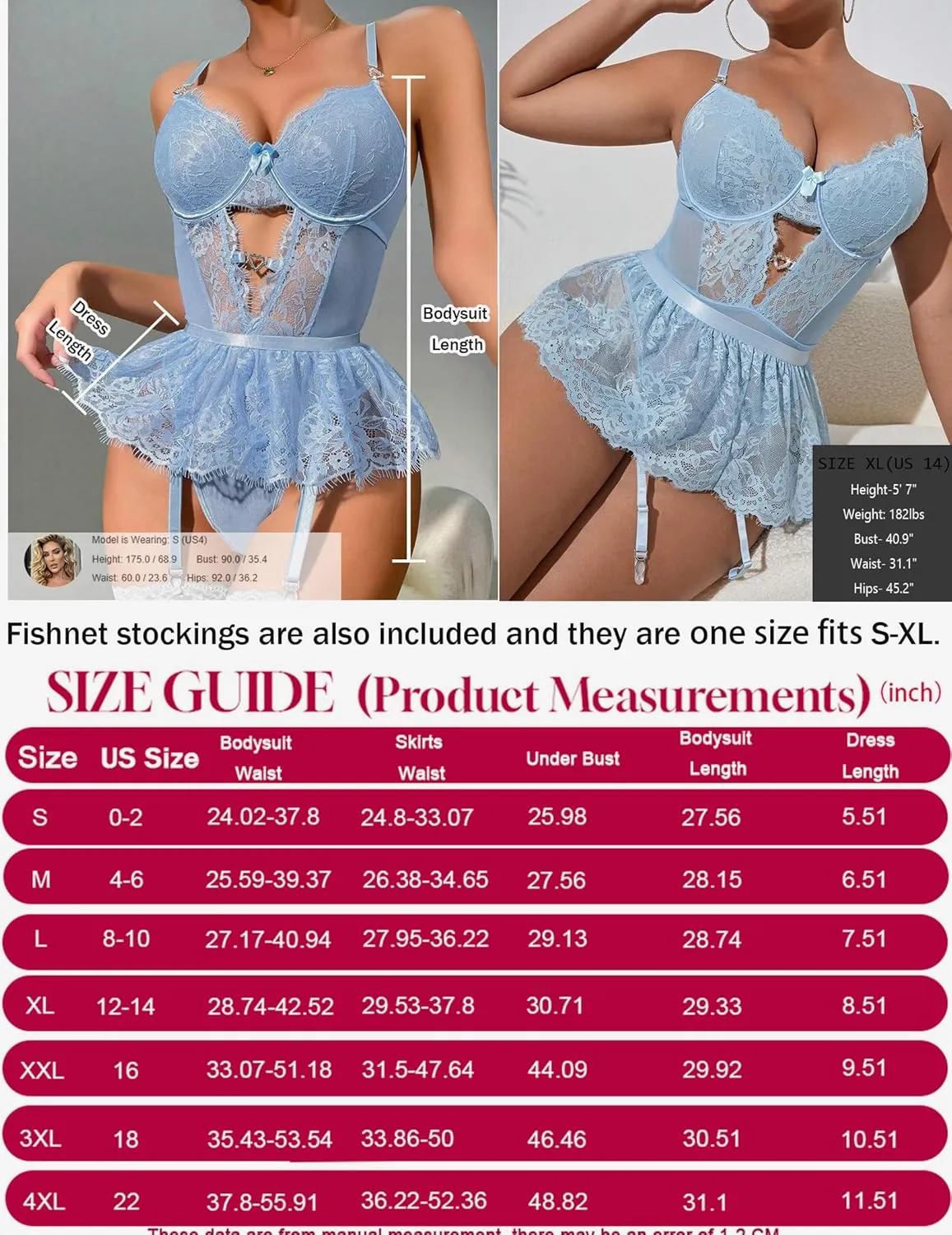 Women Lingerie Set Naughty Lace Bodysuit High Waisted Underwire Lingerie Babydoll With Garter Belt and Stockings