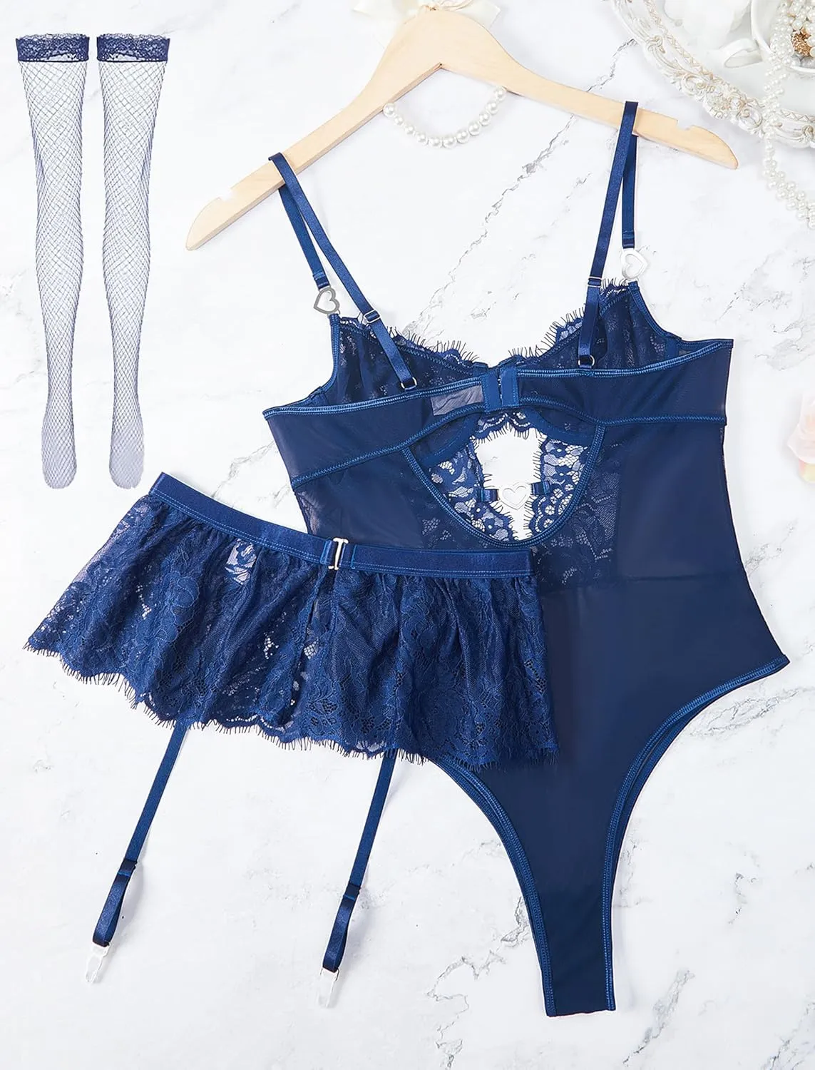 Women Lingerie Set Naughty Lace Bodysuit High Waisted Underwire Lingerie Babydoll With Garter Belt and Stockings