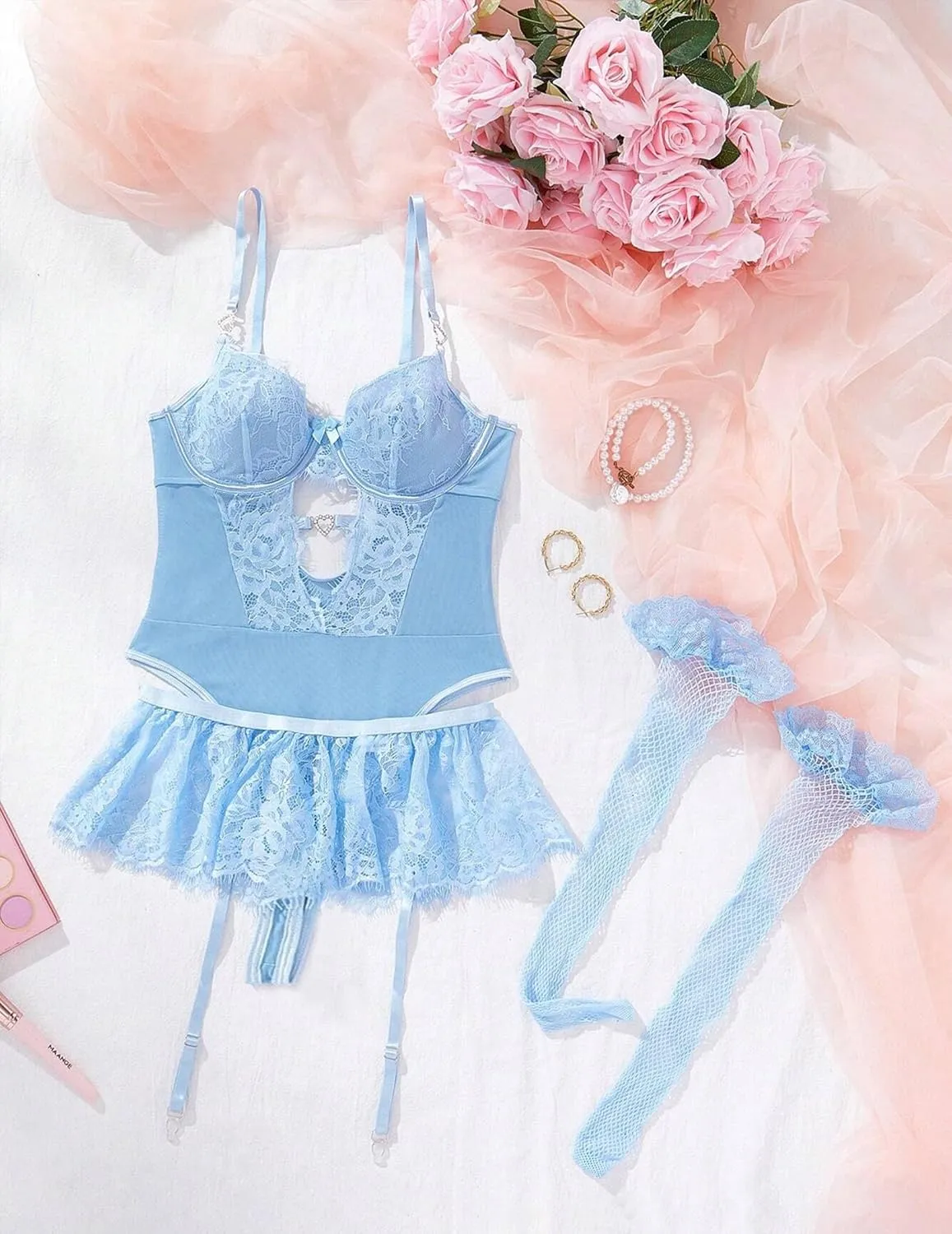 Women Lingerie Set Naughty Lace Bodysuit High Waisted Underwire Lingerie Babydoll With Garter Belt and Stockings