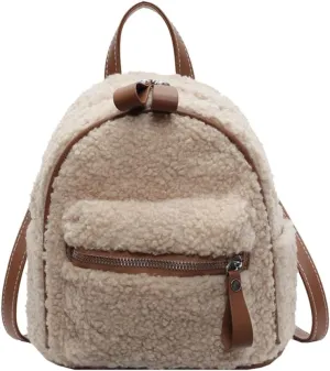 Women Plush Backpack with Multi-Pockets Toddler Backpack Fuzzy Mini Shoulder Bag with Zipper Mini Schoolbag Mini Travel Bag (Khaki)