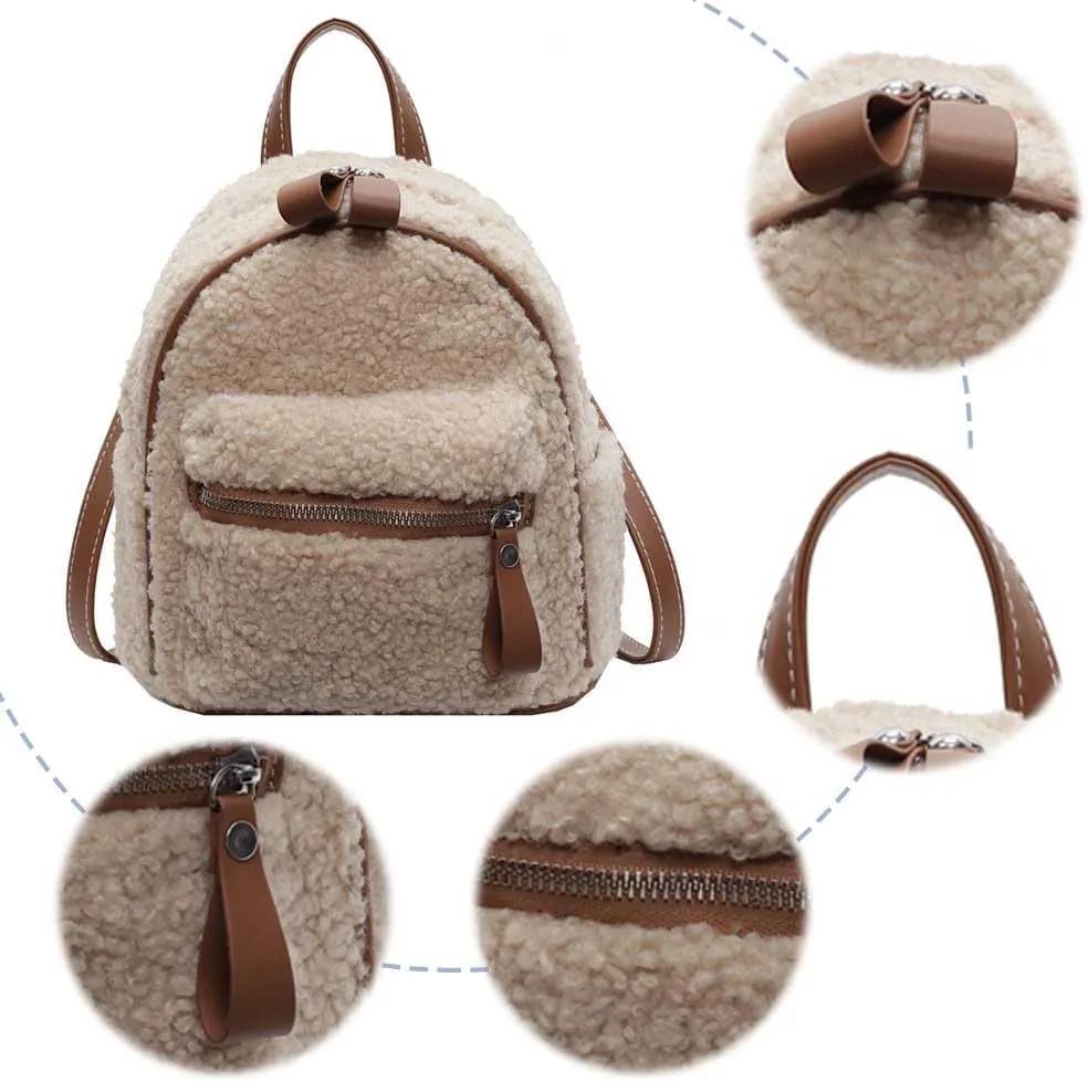 Women Plush Backpack with Multi-Pockets Toddler Backpack Fuzzy Mini Shoulder Bag with Zipper Mini Schoolbag Mini Travel Bag (Khaki)