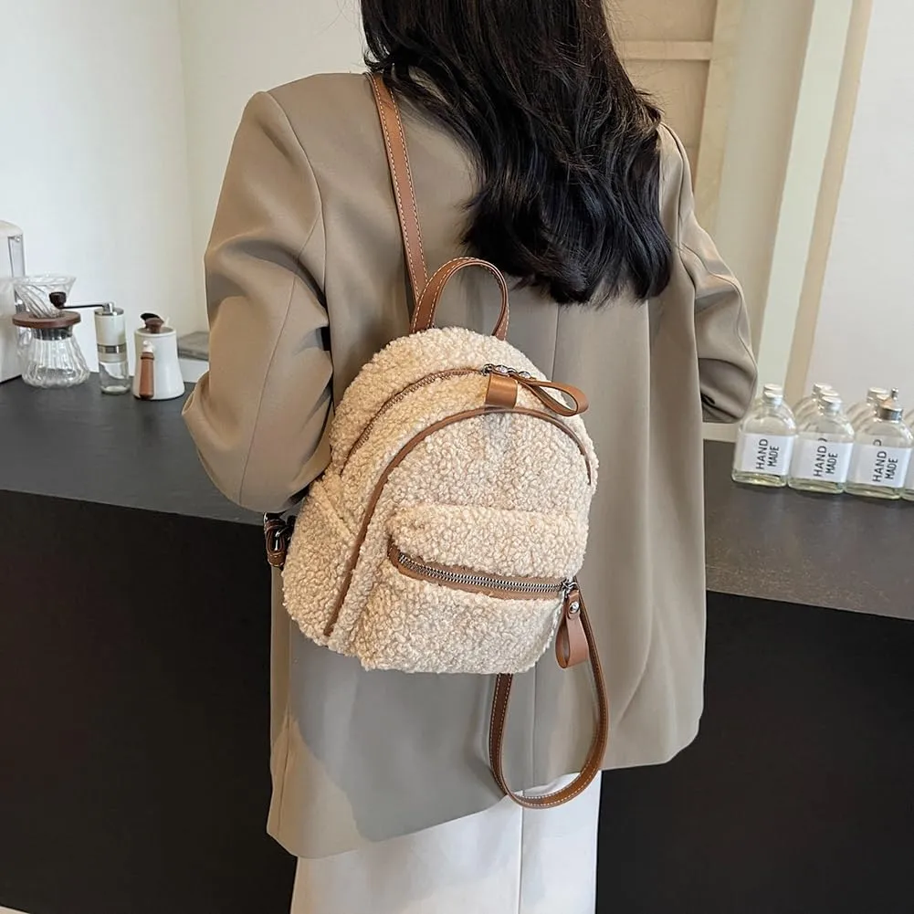 Women Plush Backpack with Multi-Pockets Toddler Backpack Fuzzy Mini Shoulder Bag with Zipper Mini Schoolbag Mini Travel Bag (Khaki)