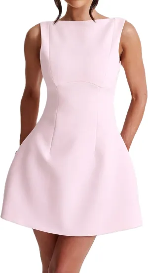 Women Sexy Backless Mini Dress Solid Color Sleeveless Open Back A Line Tank Dress Formal College Graduation Dresses