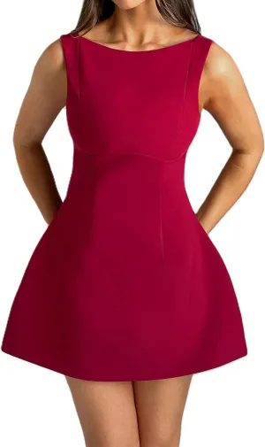 Women Sexy Backless Mini Dress Solid Color Sleeveless Open Back A Line Tank Dress Formal College Graduation Dresses