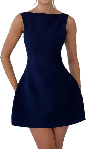 Women Sexy Backless Mini Dress Solid Color Sleeveless Open Back A Line Tank Dress Formal College Graduation Dresses