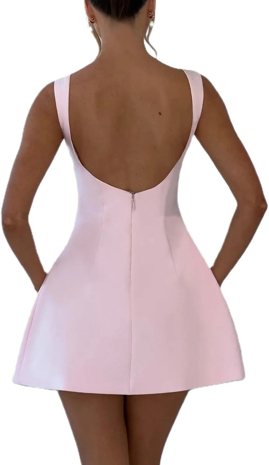 Women Sexy Backless Mini Dress Solid Color Sleeveless Open Back A Line Tank Dress Formal College Graduation Dresses