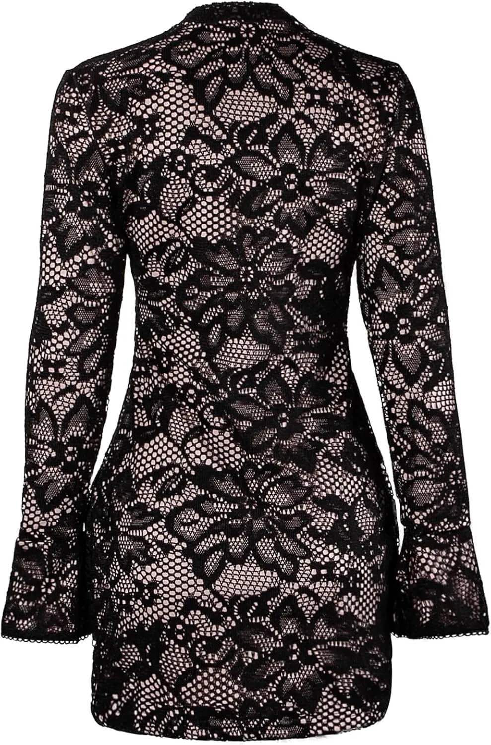 Women Sexy Lace Hollow Out Bodycon Mini Dress Long Flare Sleeve Cut Out Night Club Party Dress