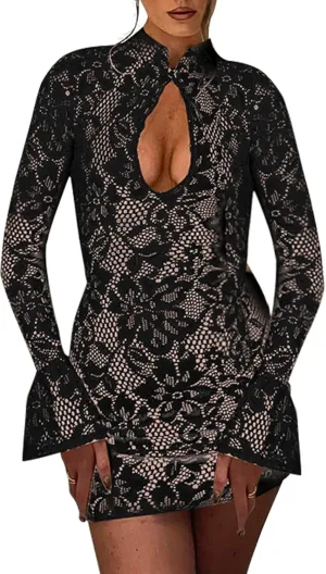 Women Sexy Lace Hollow Out Bodycon Mini Dress Long Flare Sleeve Cut Out Night Club Party Dress
