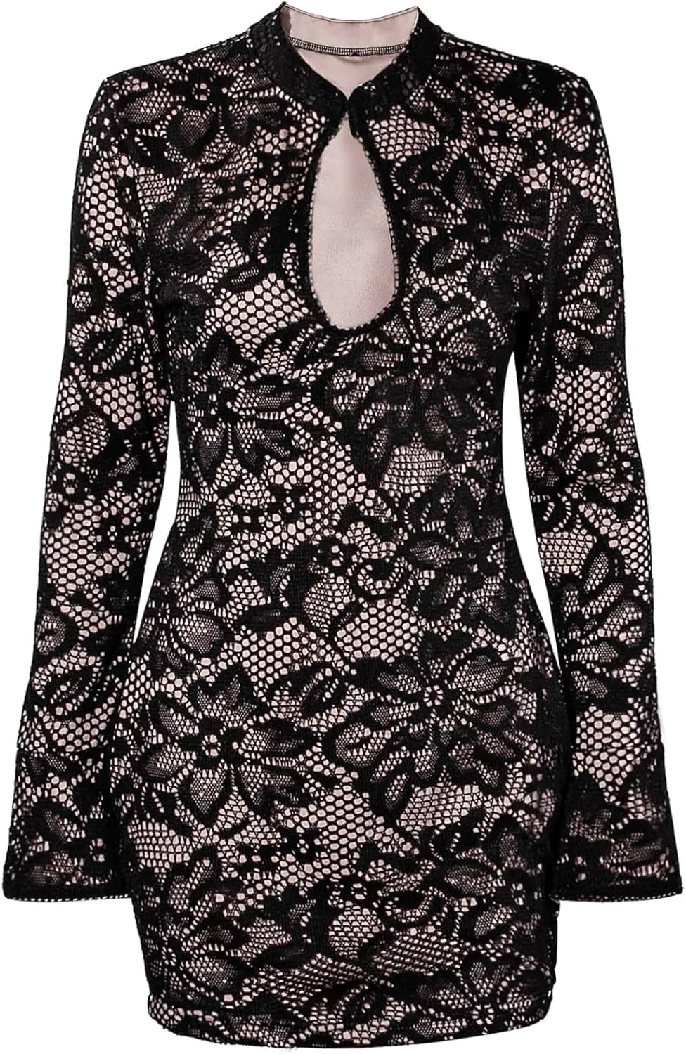 Women Sexy Lace Hollow Out Bodycon Mini Dress Long Flare Sleeve Cut Out Night Club Party Dress