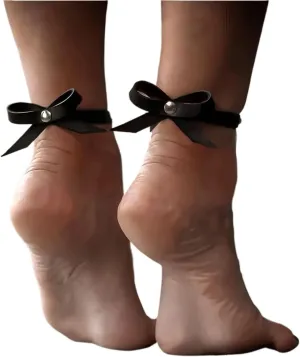 Women Sexy Leather Ankle Accessories Adjustable Bow Ankle Bracelets Handcuffs Goth Fetish Clothing Punk Exotic Accessorie(2PCS)