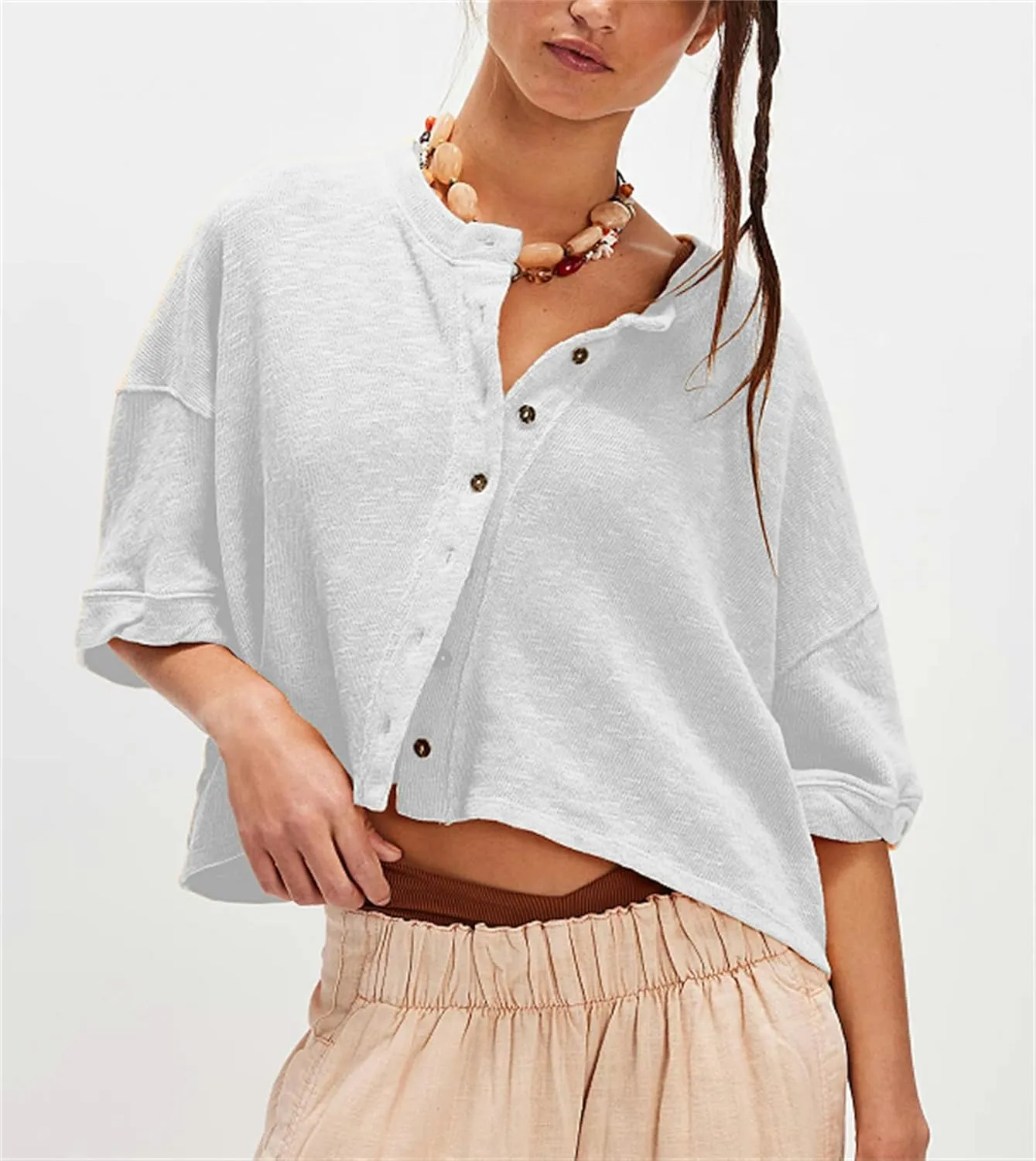 Women Short Sleeve Casual Cardigan Shirt Button Down Open Front V-Neck Loose T-Shirt Y2k Crop Tops Outwear Tee