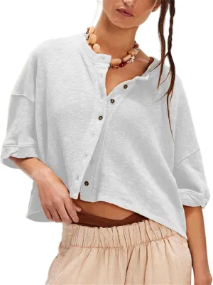 Women Short Sleeve Casual Cardigan Shirt Button Down Open Front V-Neck Loose T-Shirt Y2k Crop Tops Outwear Tee