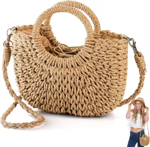 Women Straw Handbag, Mini Summer Beach Rattan Tote Bag, Woven Semi-circle Clutch Bag Handmade Purse, Small Crossbody Crochet Handbag with Top Handle for Travel Vacation