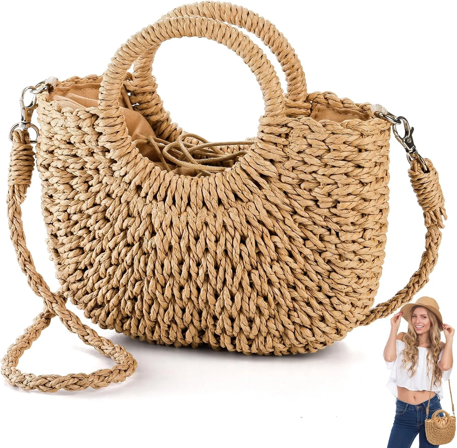 Women Straw Handbag, Mini Summer Beach Rattan Tote Bag, Woven Semi-circle Clutch Bag Handmade Purse, Small Crossbody Crochet Handbag with Top Handle for Travel Vacation