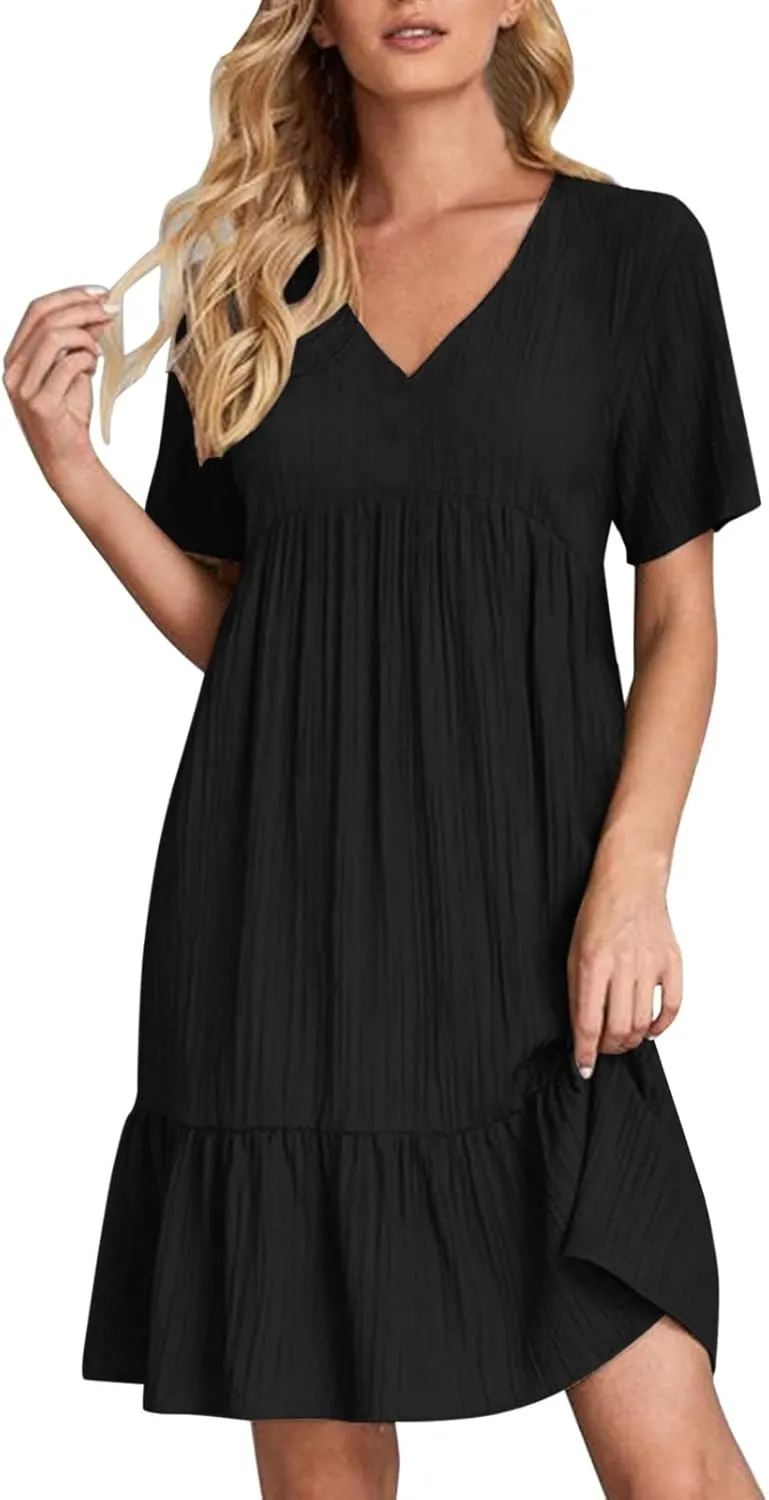 Women V Neck Babydoll Dresses 2025 Summer Short Sleeve Ruffle Swing Flowy Loose Fit Casual Summer Mini Cute Dress