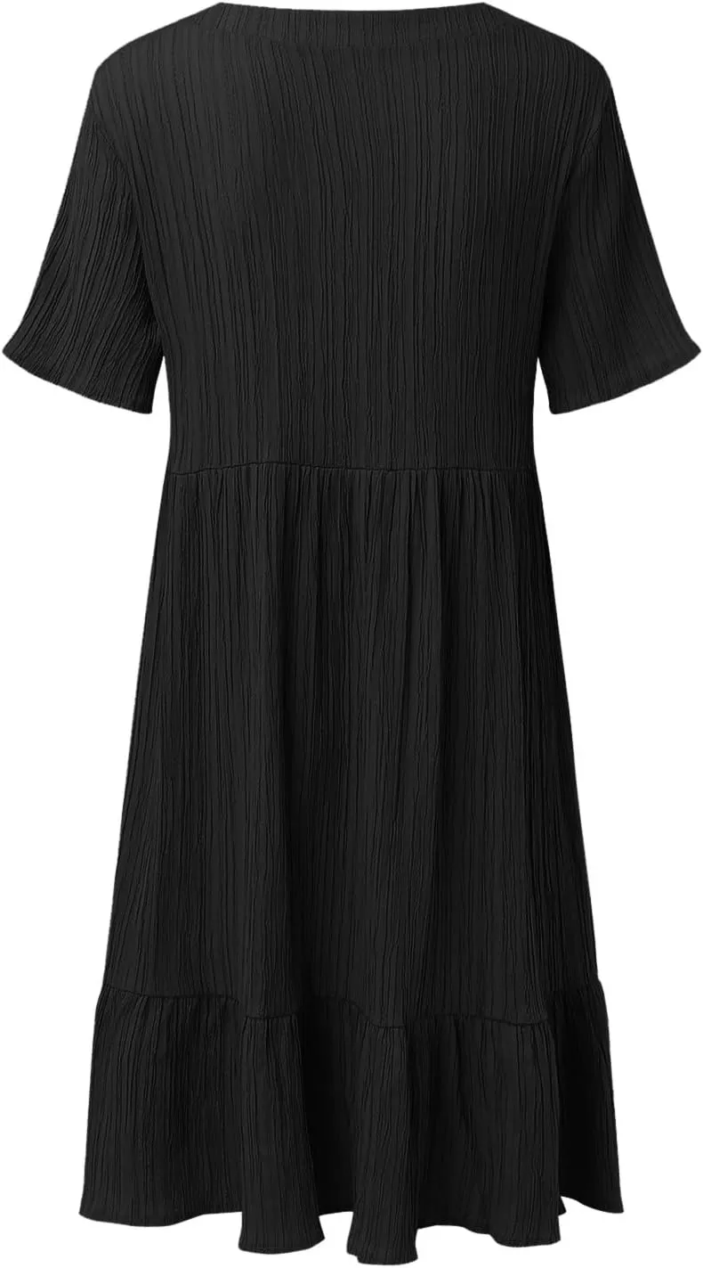 Women V Neck Babydoll Dresses 2025 Summer Short Sleeve Ruffle Swing Flowy Loose Fit Casual Summer Mini Cute Dress