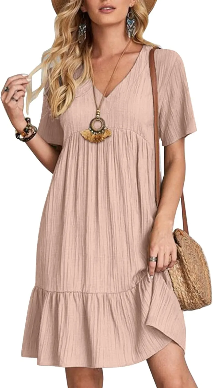 Women V Neck Babydoll Dresses 2025 Summer Short Sleeve Ruffle Swing Flowy Loose Fit Casual Summer Mini Cute Dress