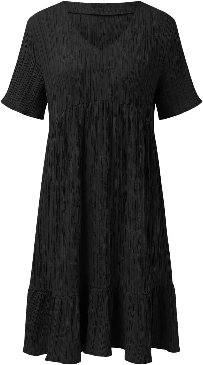 Women V Neck Babydoll Dresses 2025 Summer Short Sleeve Ruffle Swing Flowy Loose Fit Casual Summer Mini Cute Dress
