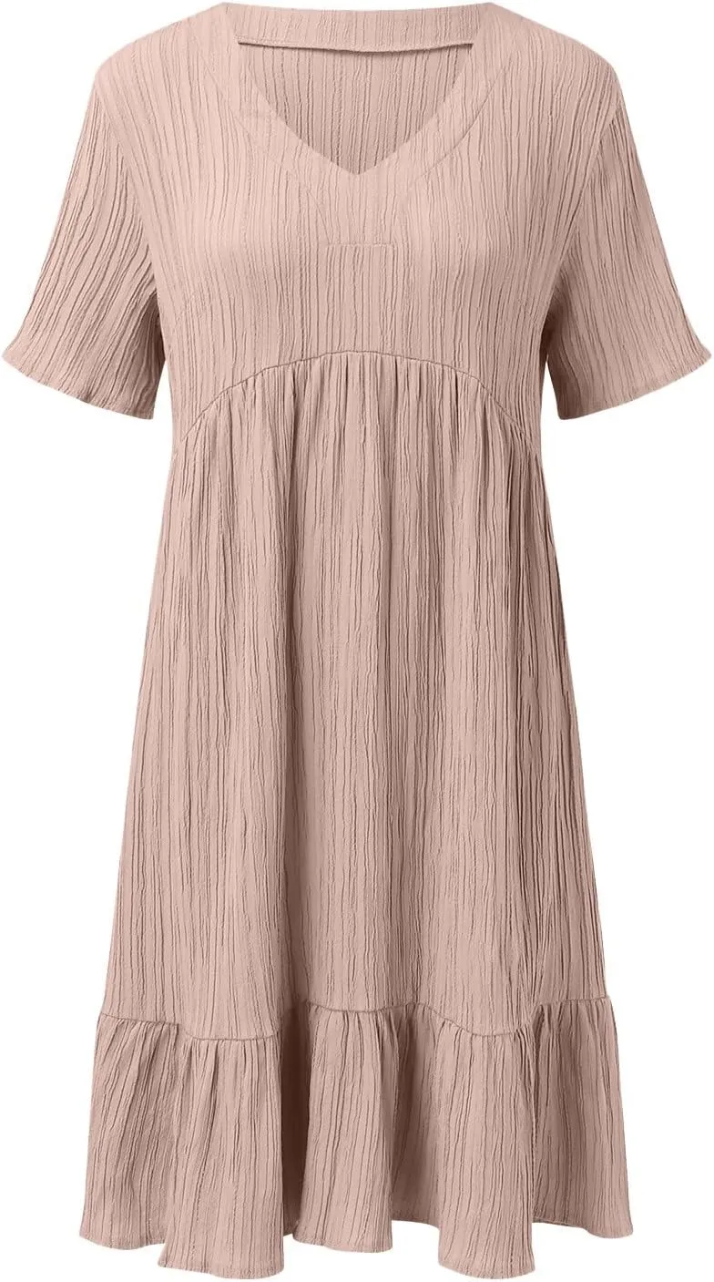 Women V Neck Babydoll Dresses 2025 Summer Short Sleeve Ruffle Swing Flowy Loose Fit Casual Summer Mini Cute Dress