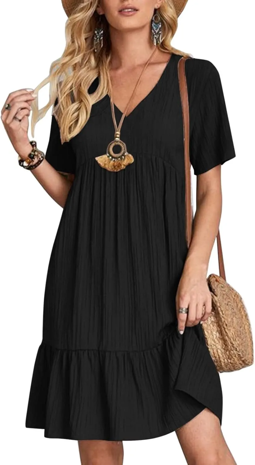 Women V Neck Babydoll Dresses 2025 Summer Short Sleeve Ruffle Swing Flowy Loose Fit Casual Summer Mini Cute Dress