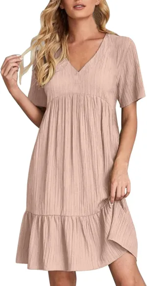 Women V Neck Babydoll Dresses 2025 Summer Short Sleeve Ruffle Swing Flowy Loose Fit Casual Summer Mini Cute Dress