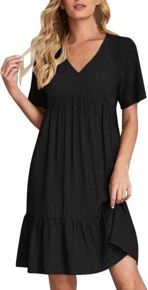 Women V Neck Babydoll Dresses 2025 Summer Short Sleeve Ruffle Swing Flowy Loose Fit Casual Summer Mini Cute Dress