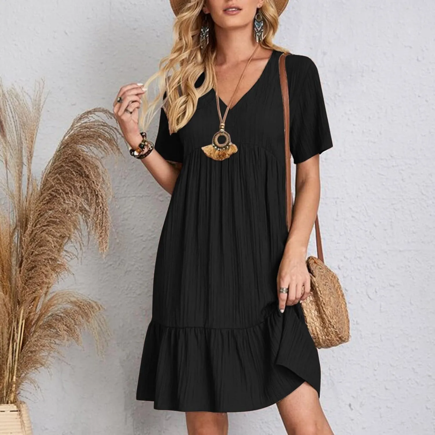 Women V Neck Babydoll Dresses 2025 Summer Short Sleeve Ruffle Swing Flowy Loose Fit Casual Summer Mini Cute Dress
