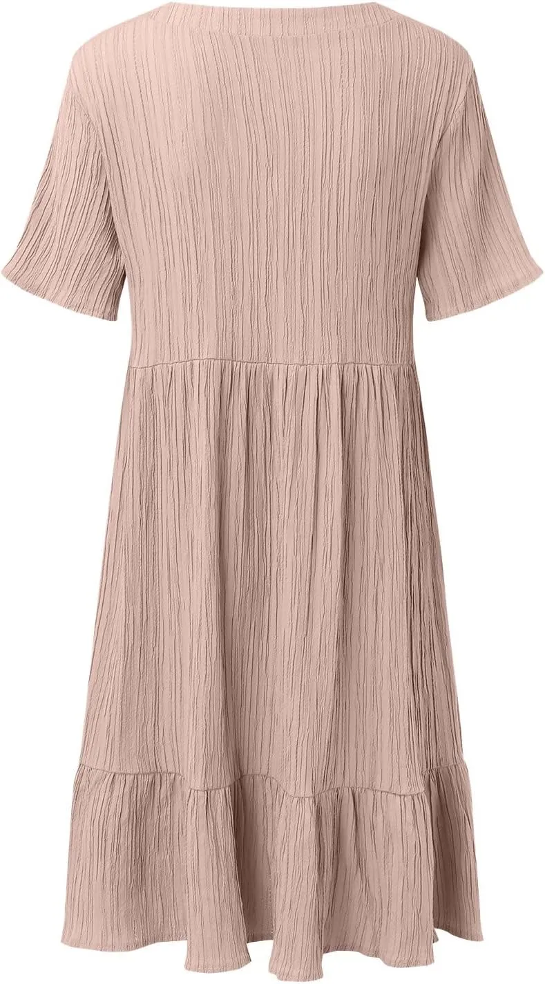 Women V Neck Babydoll Dresses 2025 Summer Short Sleeve Ruffle Swing Flowy Loose Fit Casual Summer Mini Cute Dress
