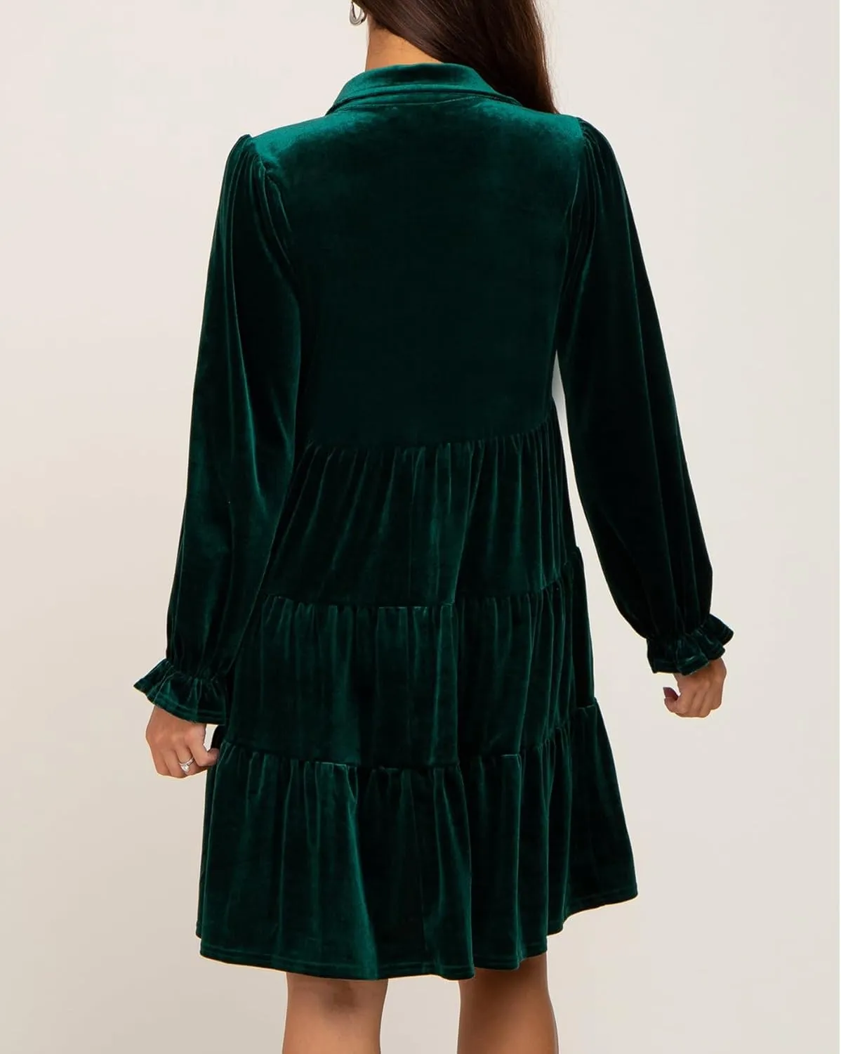Women Velvet Dress V Neck Long Sleeve Flare Velvet Party Dress Ruffled Tiered Cocktail Dress