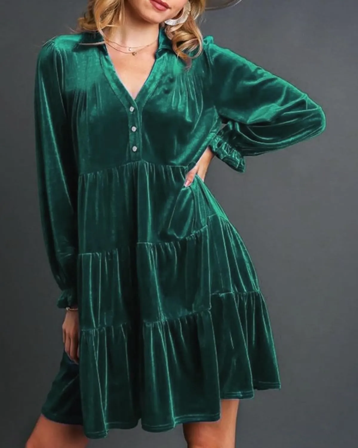 Women Velvet Dress V Neck Long Sleeve Flare Velvet Party Dress Ruffled Tiered Cocktail Dress