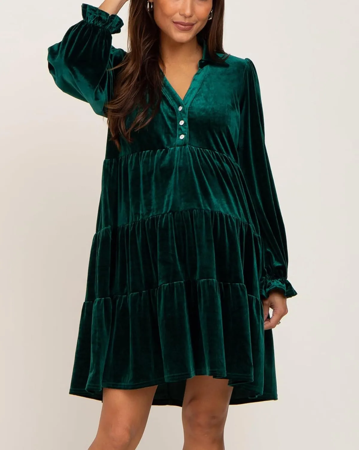Women Velvet Dress V Neck Long Sleeve Flare Velvet Party Dress Ruffled Tiered Cocktail Dress