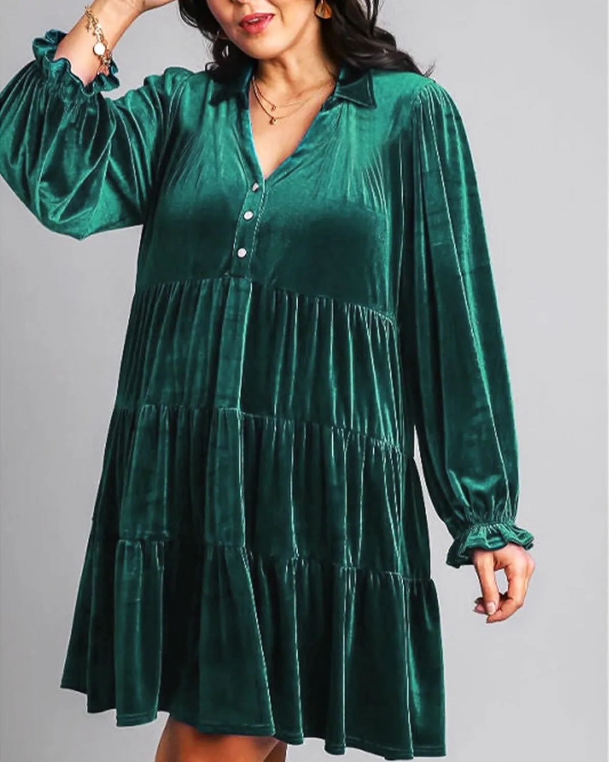 Women Velvet Dress V Neck Long Sleeve Flare Velvet Party Dress Ruffled Tiered Cocktail Dress