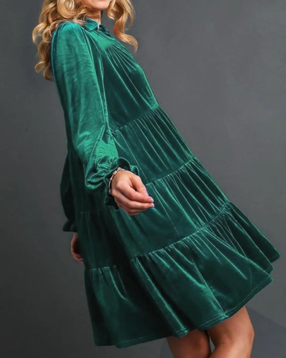 Women Velvet Dress V Neck Long Sleeve Flare Velvet Party Dress Ruffled Tiered Cocktail Dress
