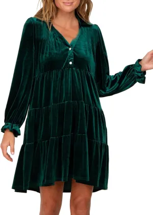 Women Velvet Dress V Neck Long Sleeve Flare Velvet Party Dress Ruffled Tiered Cocktail Dress