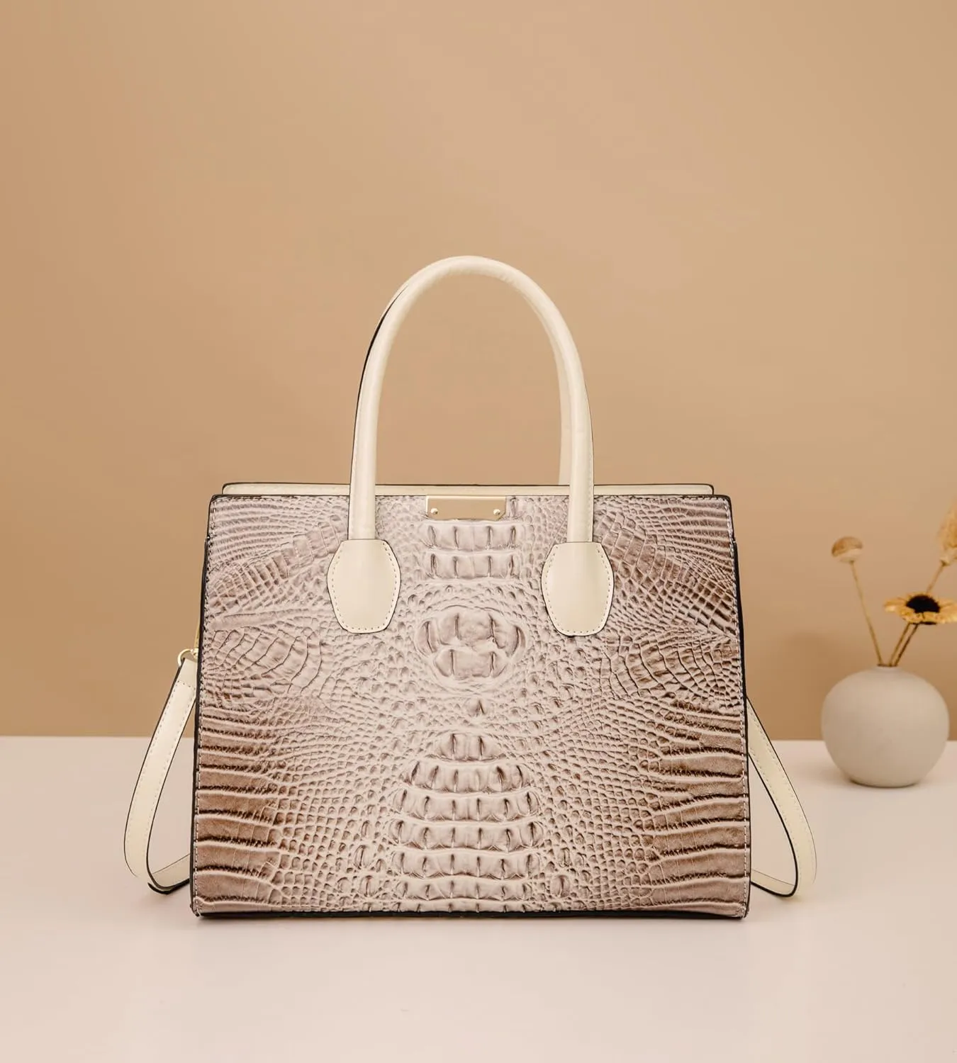 Women's 3-Piece Crocodile Pattern Handbag Set, Large Capacity Tote with Wallet and Coin Purse, Brown