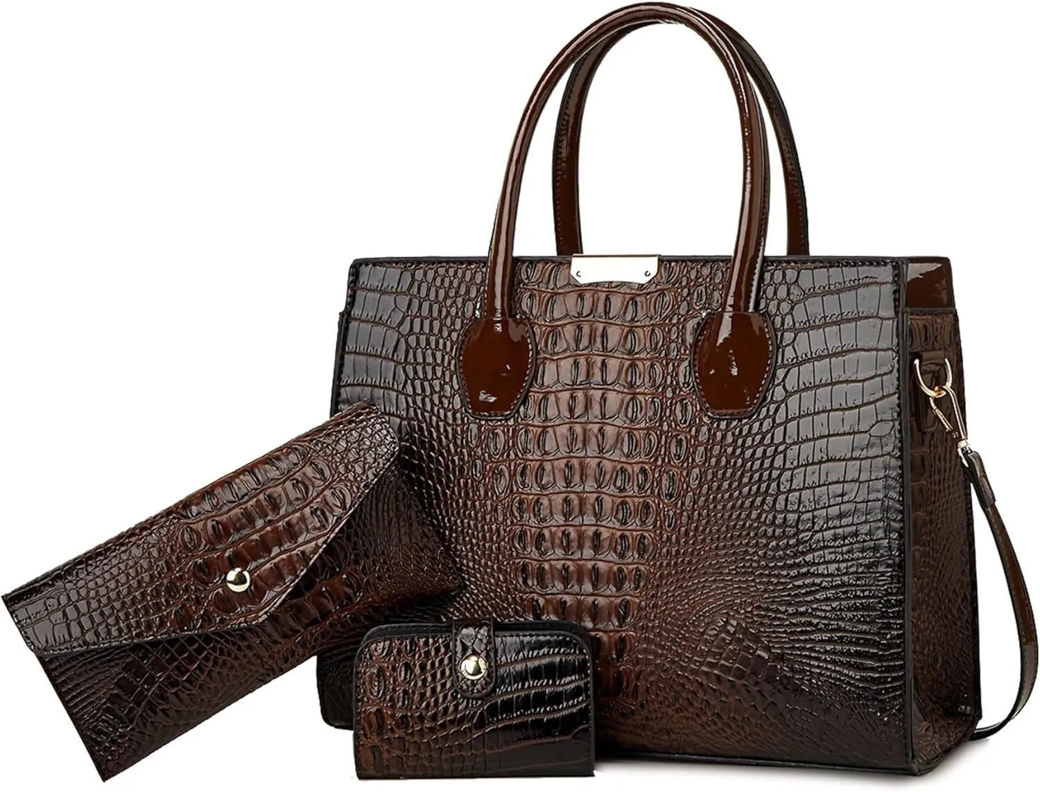Women's 3-Piece Crocodile Pattern Handbag Set, Large Capacity Tote with Wallet and Coin Purse, Brown