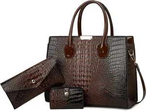 Women's 3-Piece Crocodile Pattern Handbag Set, Large Capacity Tote with Wallet and Coin Purse, Brown