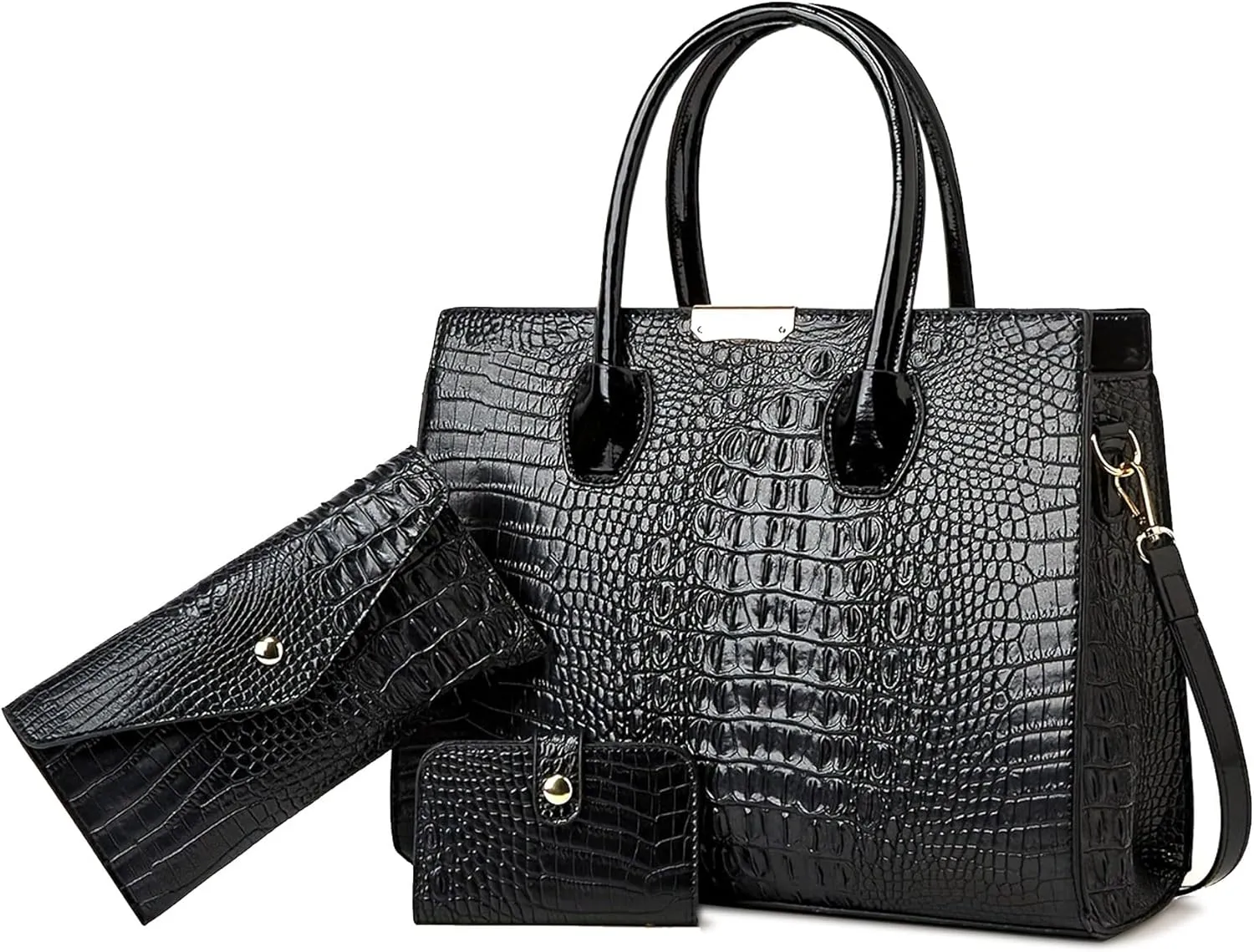 Women's 3-Piece Crocodile Pattern Handbag Set, Large Capacity Tote with Wallet and Coin Purse, Brown