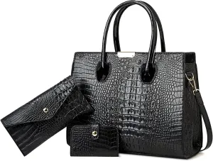 Women's 3-Piece Crocodile Pattern Handbag Set, Large Capacity Tote with Wallet and Coin Purse, Brown